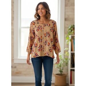 Matilda Jane Kaia Peasant Blouse Top Womens Medium Light Brown Floral Hi Low Hem